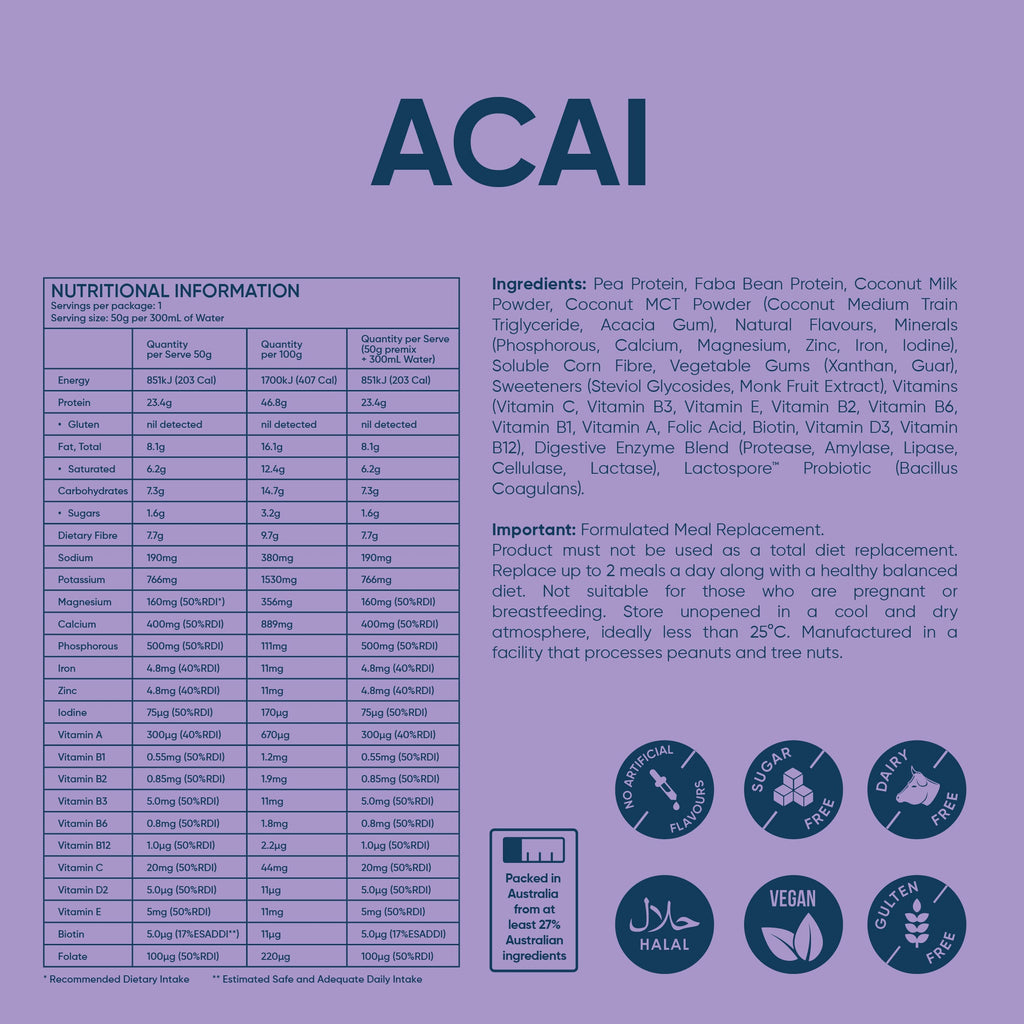 Açaí protein powder sachet nutrition information and ingredients