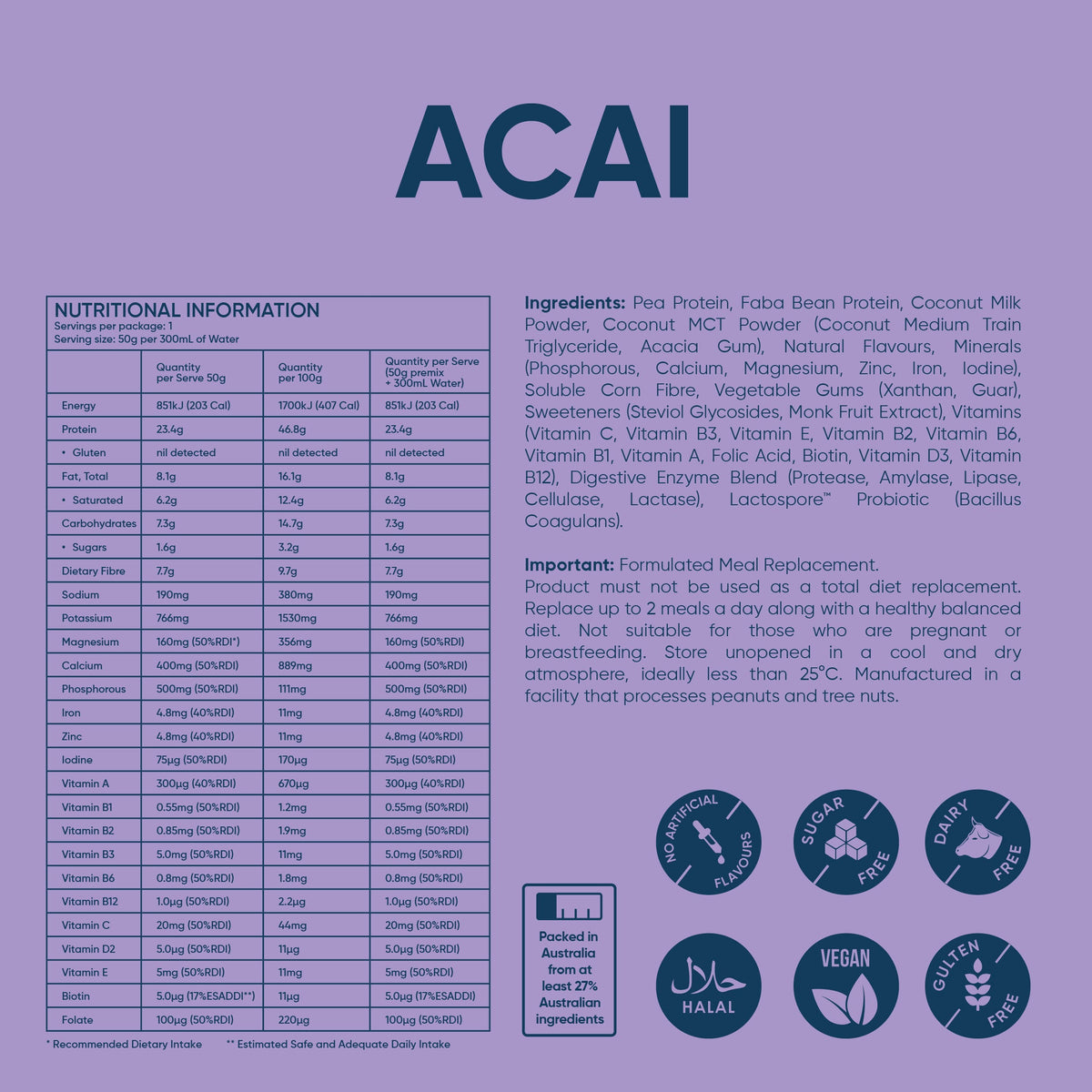 Açaí protein powder sachet nutrition information and ingredients