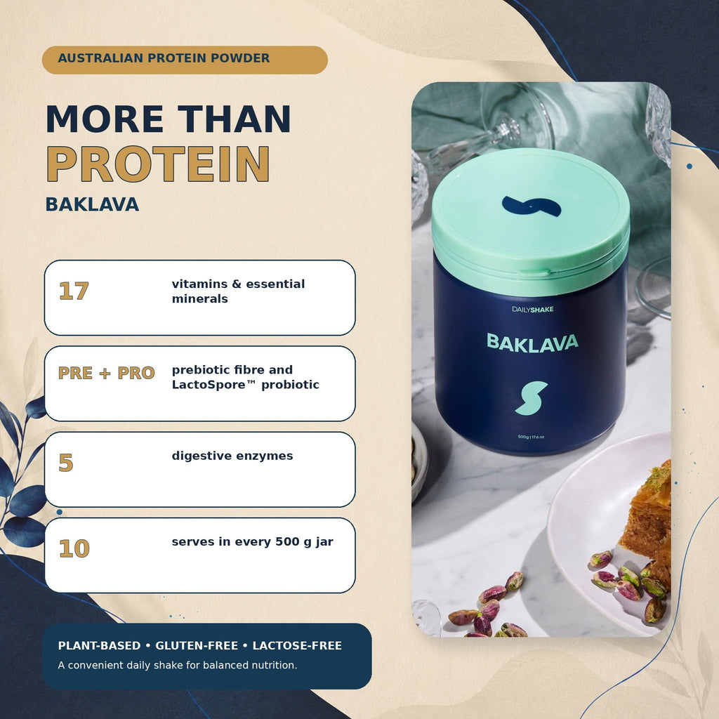 Baklava plant protein powder benefits with 17 vitamins and minerals, prebiotic fibre, probiotic and digestive enzymes in Australia