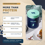 Baklava plant protein powder benefits with 17 vitamins and minerals, prebiotic fibre, probiotic and digestive enzymes in Australia