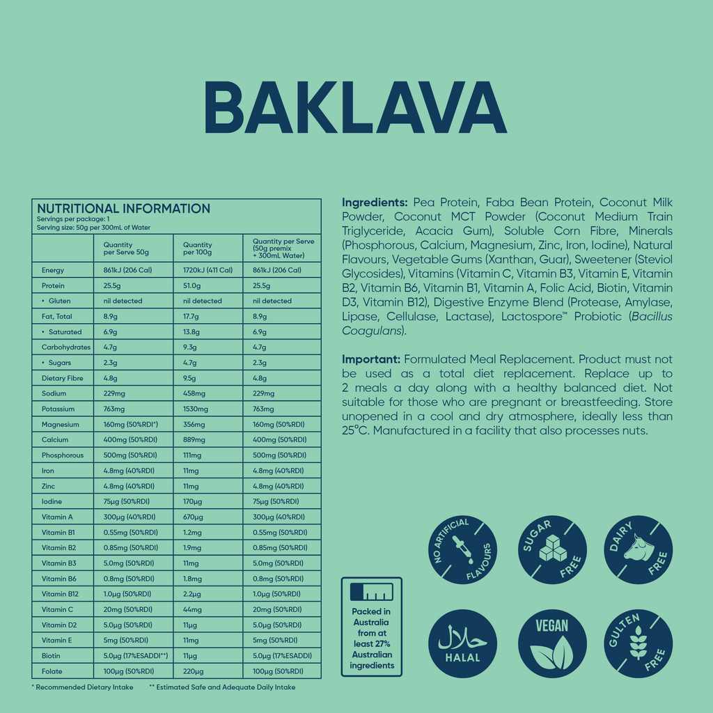 Baklava protein powder nutrition information and ingredients