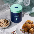 Baklava protein powder jar by Daily Shake