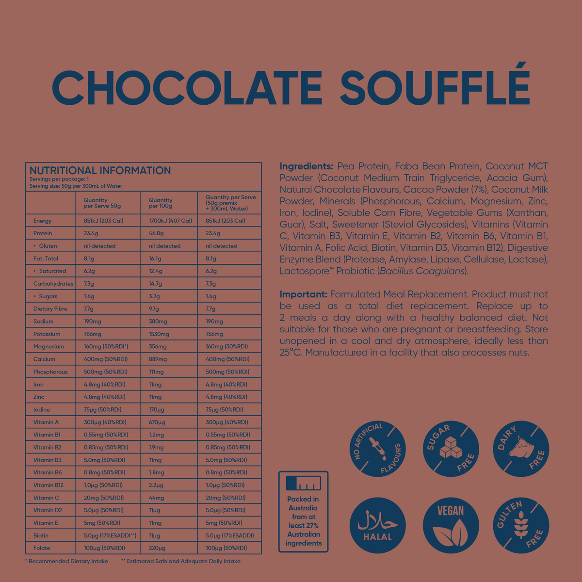 Chocolate Soufflé protein powder sachet nutrition information and ingredients