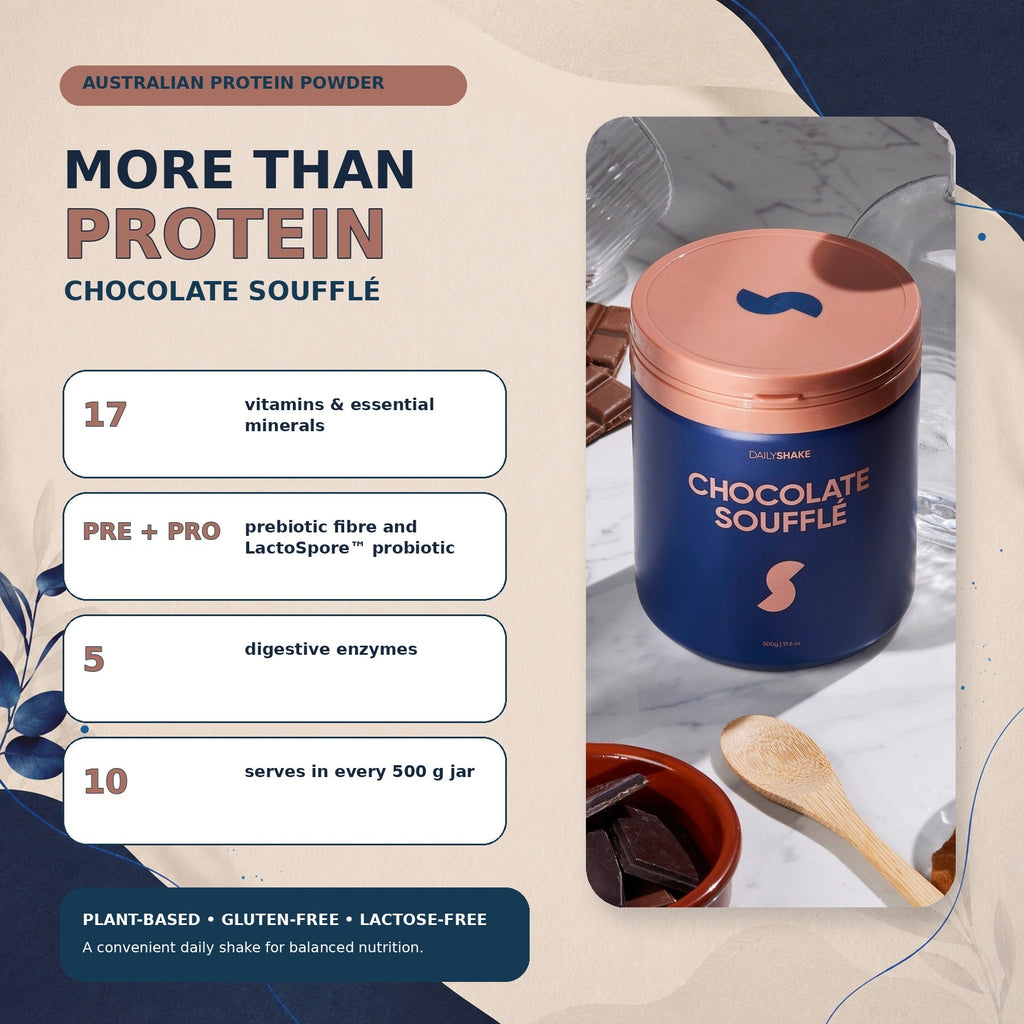 Chocolate Soufflé plant protein powder benefits with 17 vitamins and minerals, prebiotic fibre, probiotic and digestive enzymes in Australia