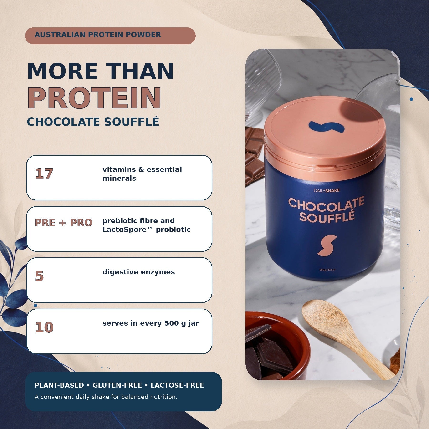 Chocolate Soufflé plant protein powder benefits with 17 vitamins and minerals, prebiotic fibre, probiotic and digestive enzymes in Australia