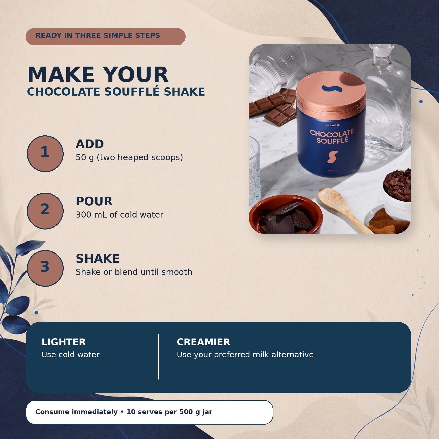 How to prepare Chocolate Soufflé protein powder shake with 50 g powder and 300 mL cold water
