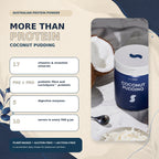 Coconut Pudding plant protein powder benefits with 17 vitamins and minerals, prebiotic fibre, probiotic and digestive enzymes in Australia