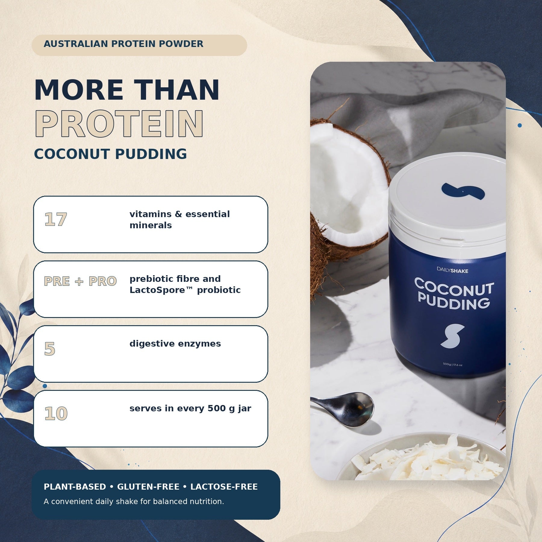 Coconut Pudding plant protein powder benefits with 17 vitamins and minerals, prebiotic fibre, probiotic and digestive enzymes in Australia