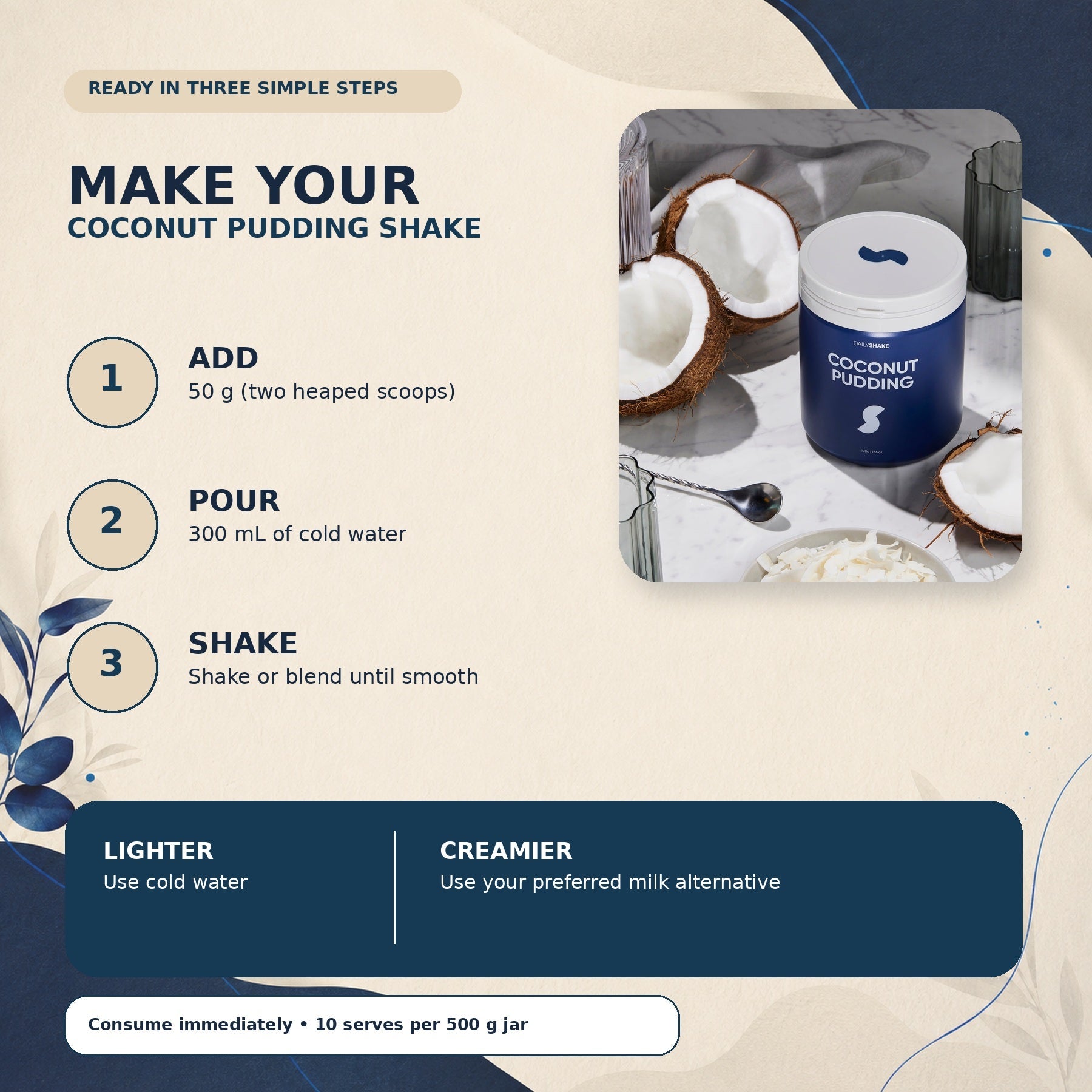 How to prepare Coconut Pudding protein powder shake with 50 g powder and 300 mL cold water