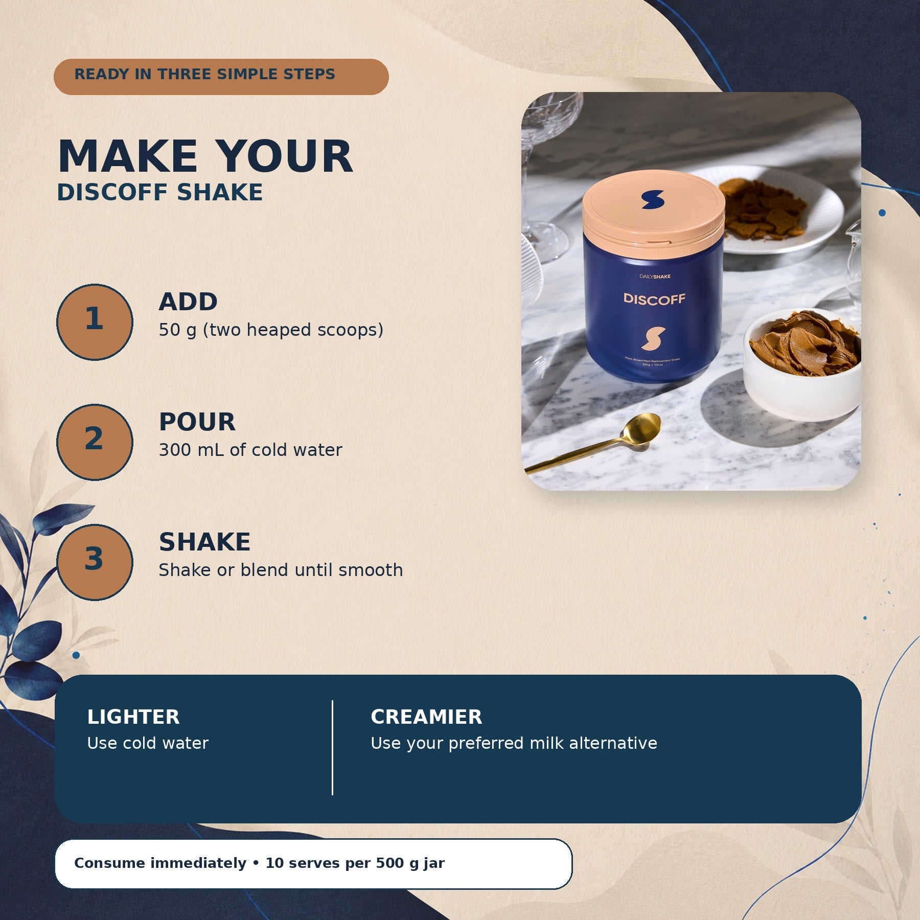 How to prepare Discoff protein powder shake with 50 g powder and 300 mL cold water