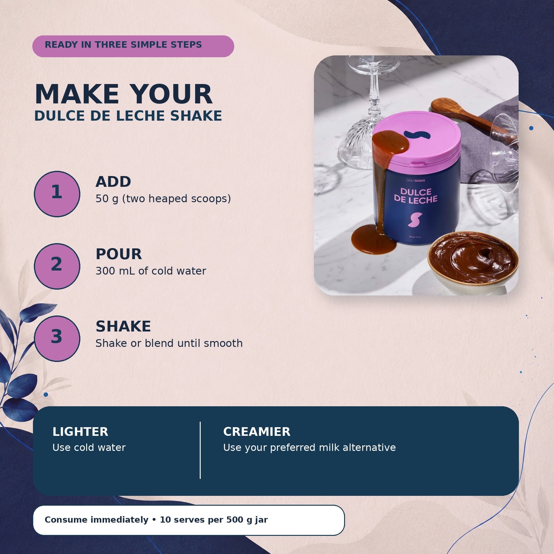 How to prepare Dulce De Leche protein powder shake with 50 g powder and 300 mL cold water