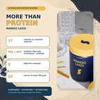 Mango Lassi plant protein powder benefits with 17 vitamins and minerals, prebiotic fibre, probiotic and digestive enzymes in Australia