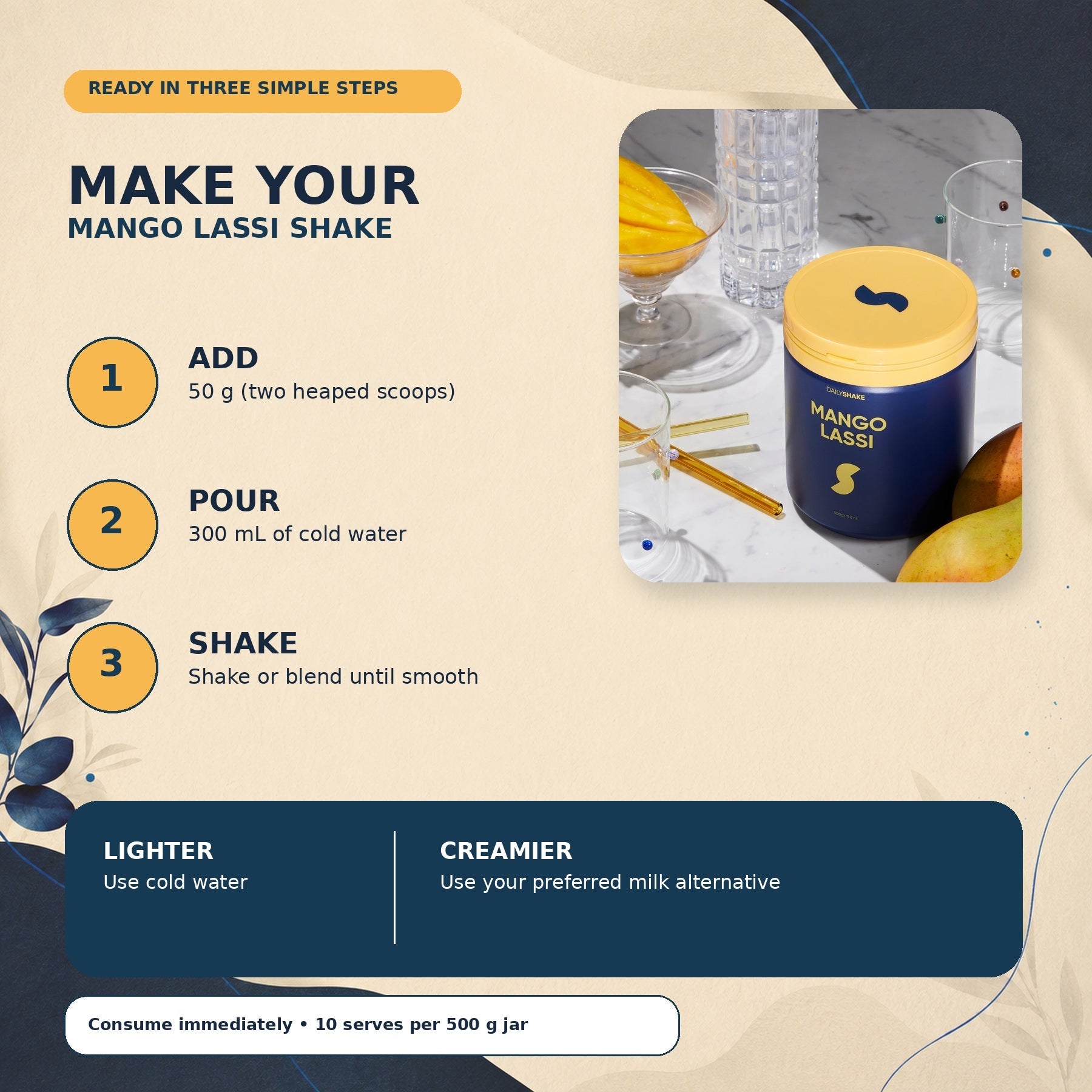 How to prepare Mango Lassi protein powder shake with 50 g powder and 300 mL cold water