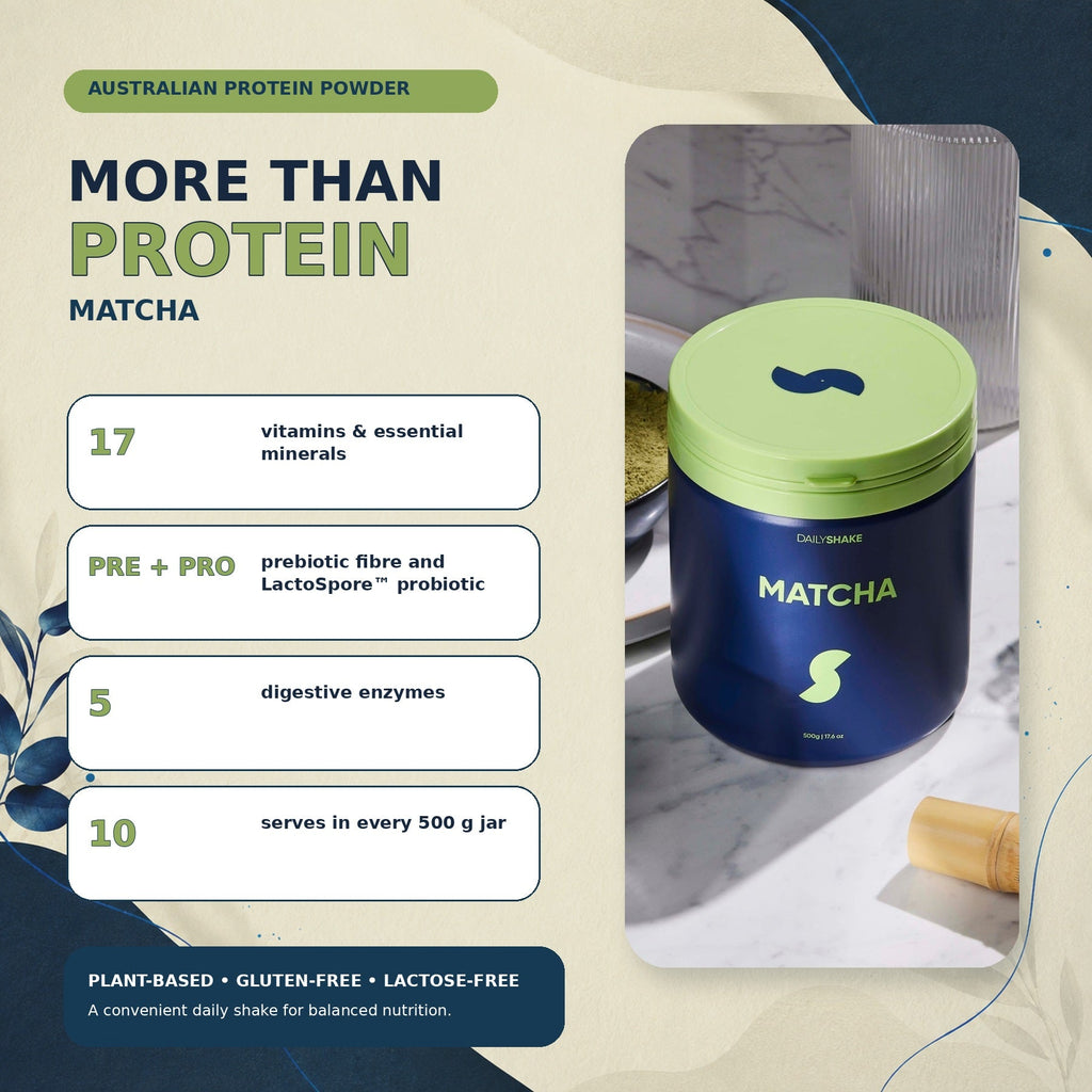 Matcha plant protein powder benefits with 17 vitamins and minerals, prebiotic fibre, probiotic and digestive enzymes in Australia