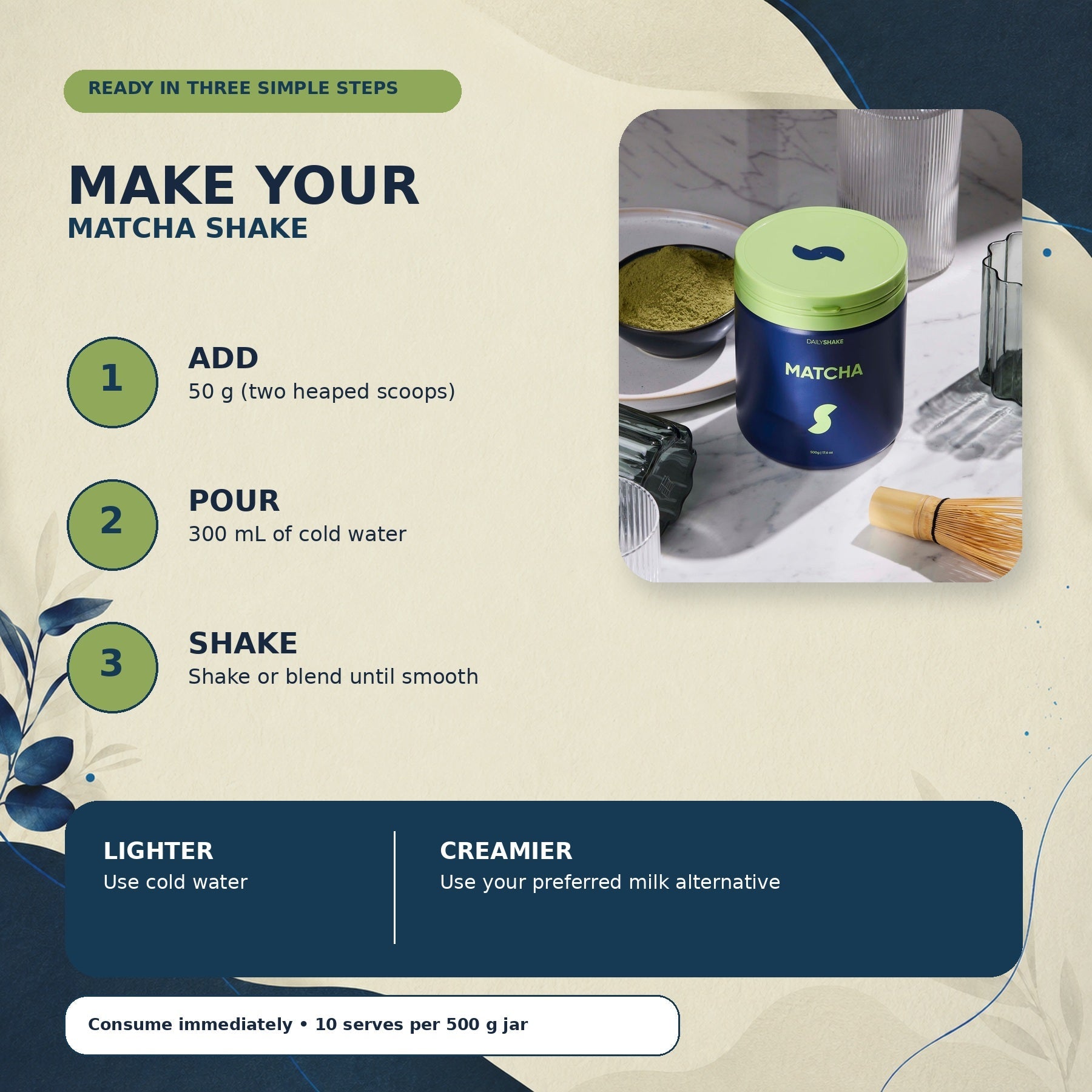 How to prepare Matcha protein powder shake with 50 g powder and 300 mL cold water