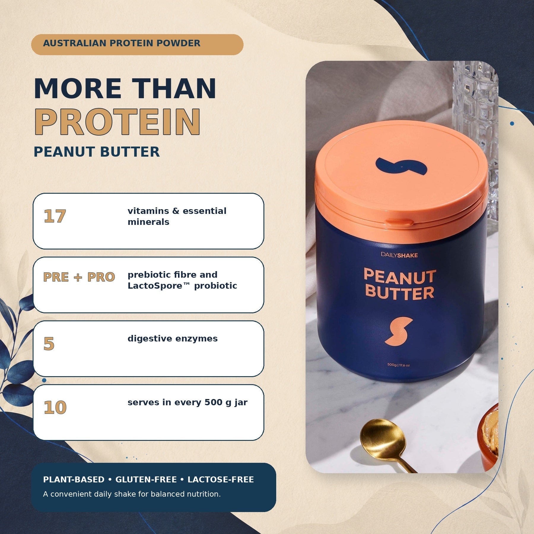 Peanut Butter plant protein powder benefits with 17 vitamins and minerals, prebiotic fibre, probiotic and digestive enzymes in Australia
