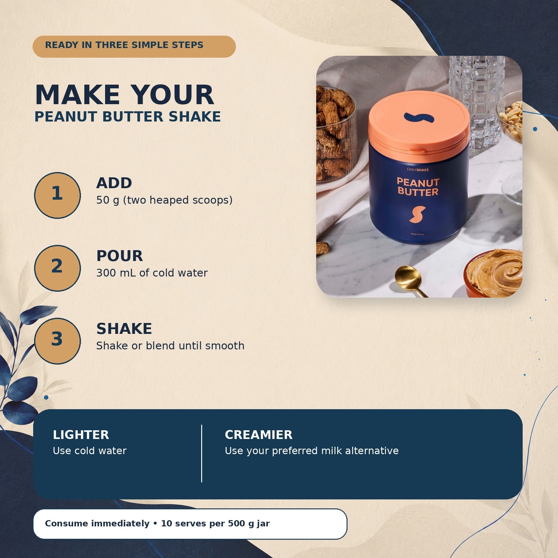 How to prepare Peanut Butter protein powder shake with 50 g powder and 300 mL cold water