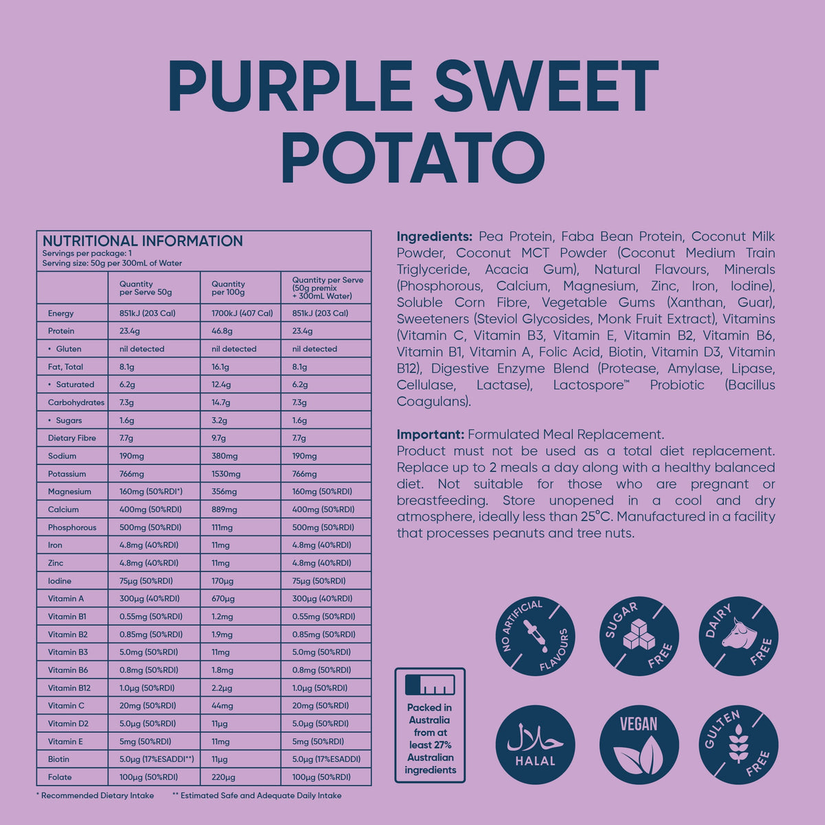 Purple Sweet Potato protein powder sachet nutrition information and ingredients