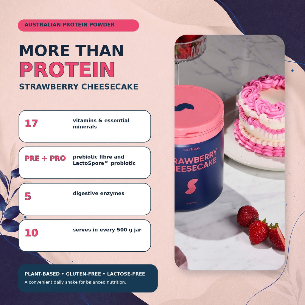 Strawberry Cheesecake plant protein powder benefits with 17 vitamins and minerals, prebiotic fibre, probiotic and digestive enzymes in Australia