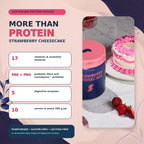 Strawberry Cheesecake plant protein powder benefits with 17 vitamins and minerals, prebiotic fibre, probiotic and digestive enzymes in Australia