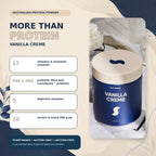 Vanilla Creme plant protein powder benefits with 17 vitamins and minerals, prebiotic fibre, probiotic and digestive enzymes in Australia