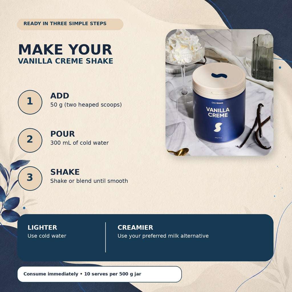 How to prepare Vanilla Creme protein powder shake with 50 g powder and 300 mL cold water