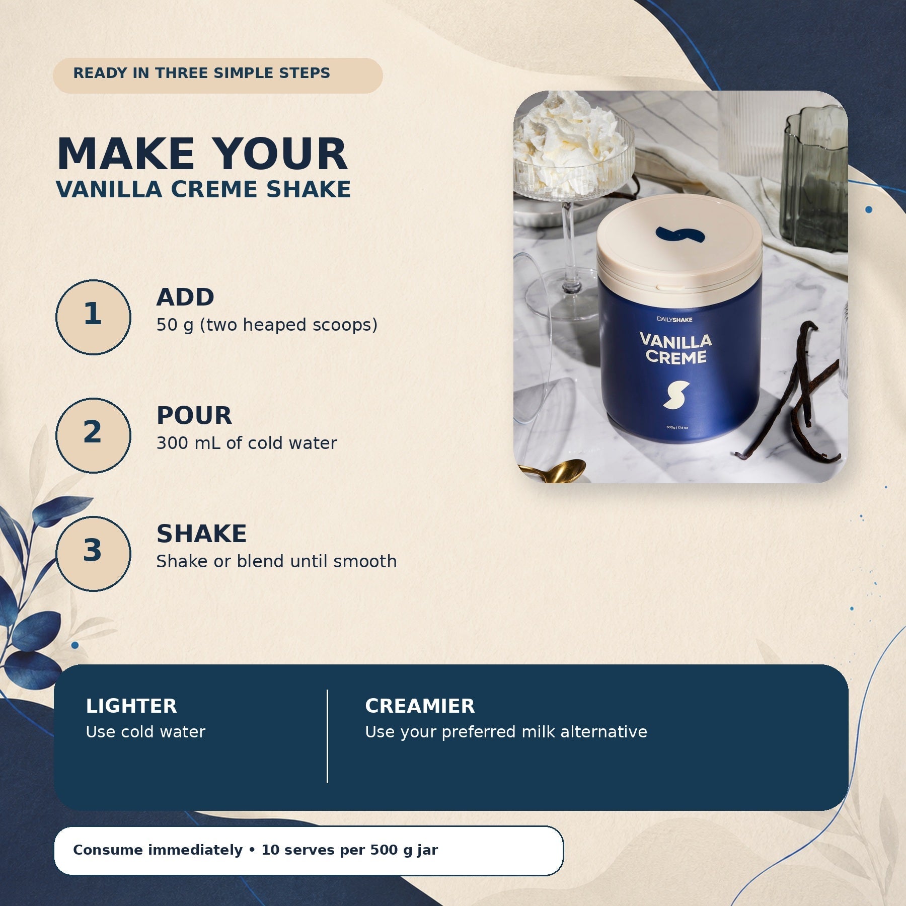 How to prepare Vanilla Creme protein powder shake with 50 g powder and 300 mL cold water