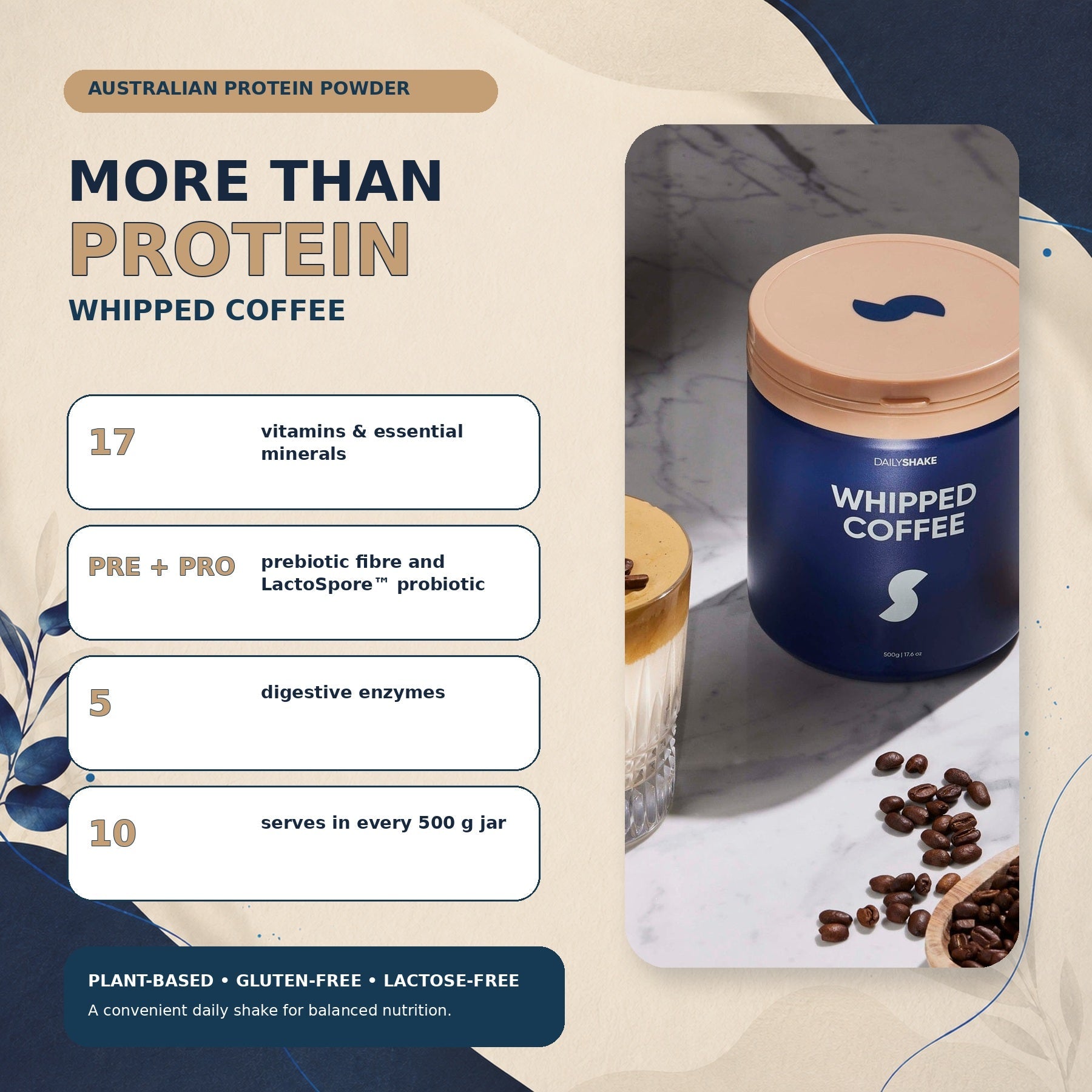 Whipped Coffee plant protein powder benefits with 17 vitamins and minerals, prebiotic fibre, probiotic and digestive enzymes in Australia