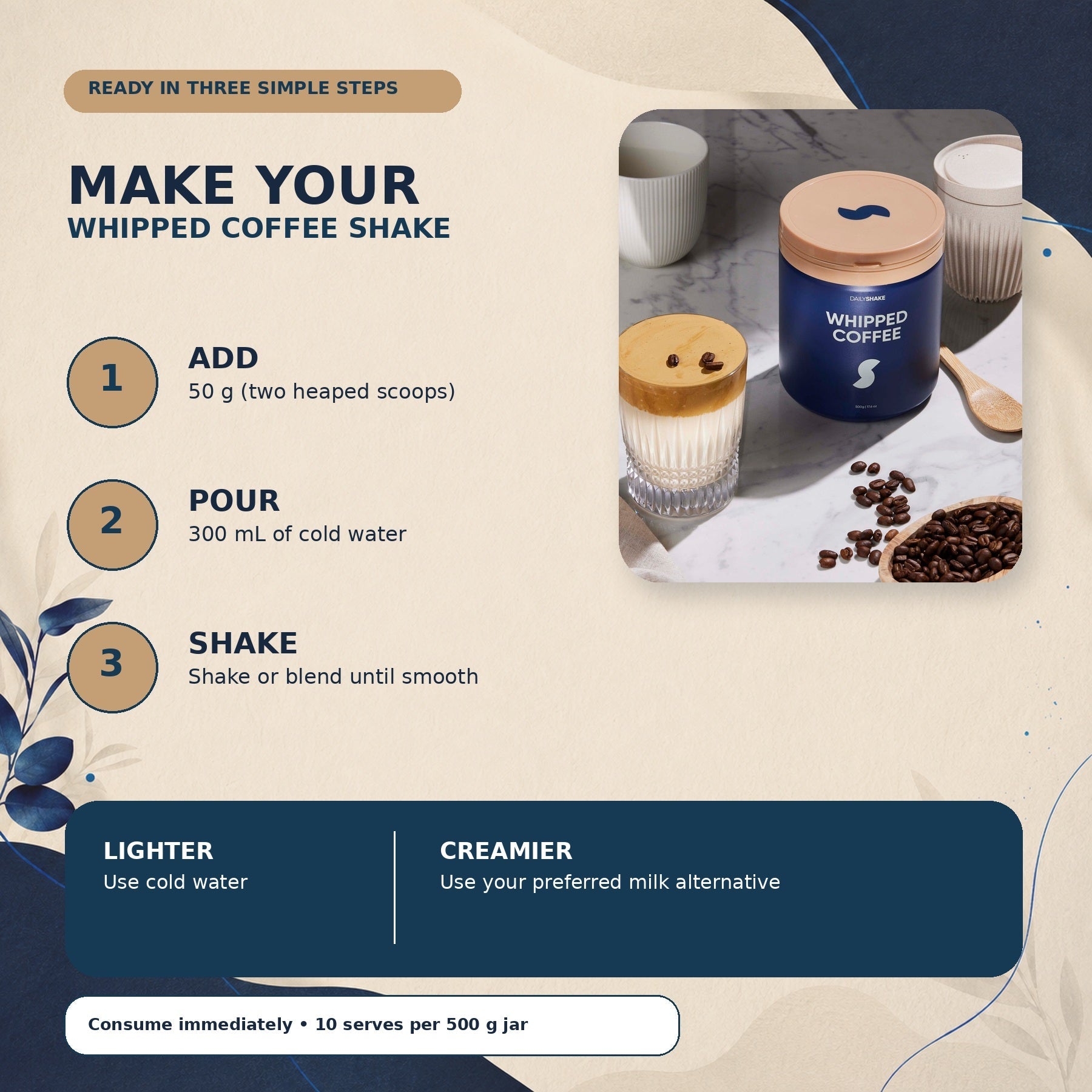 How to prepare Whipped Coffee protein powder shake with 50 g powder and 300 mL cold water